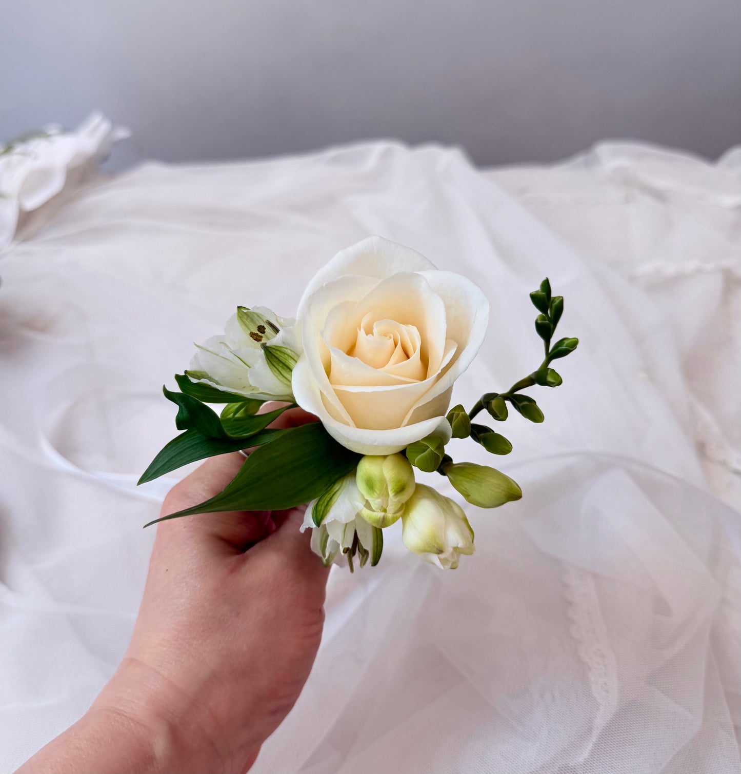 Freesia White Rose Corsage