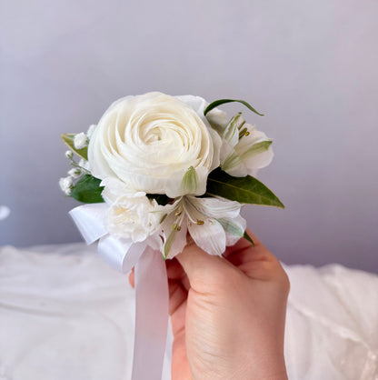 Blanc de Ranun Corsage & Boutonniere