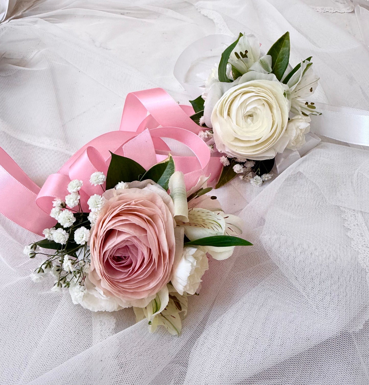 Blanc de Ranun Corsage & Boutonniere