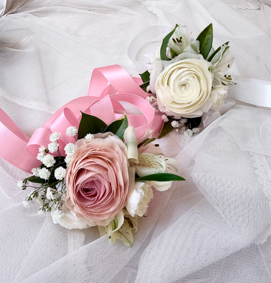 Blanc de Ranun Corsage & Boutonniere