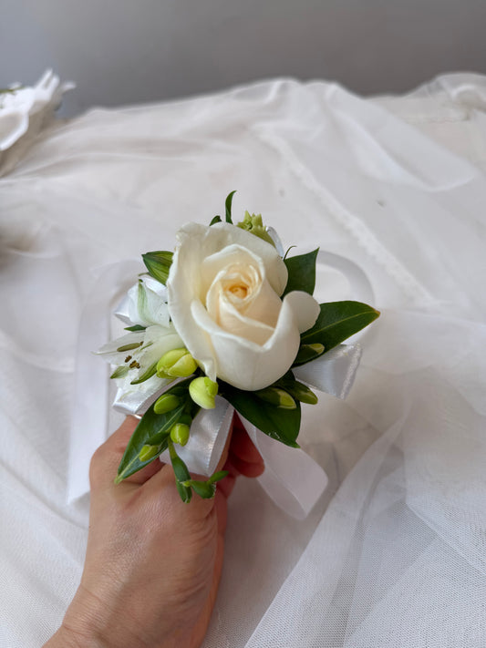 Freesia White Rose Corsage